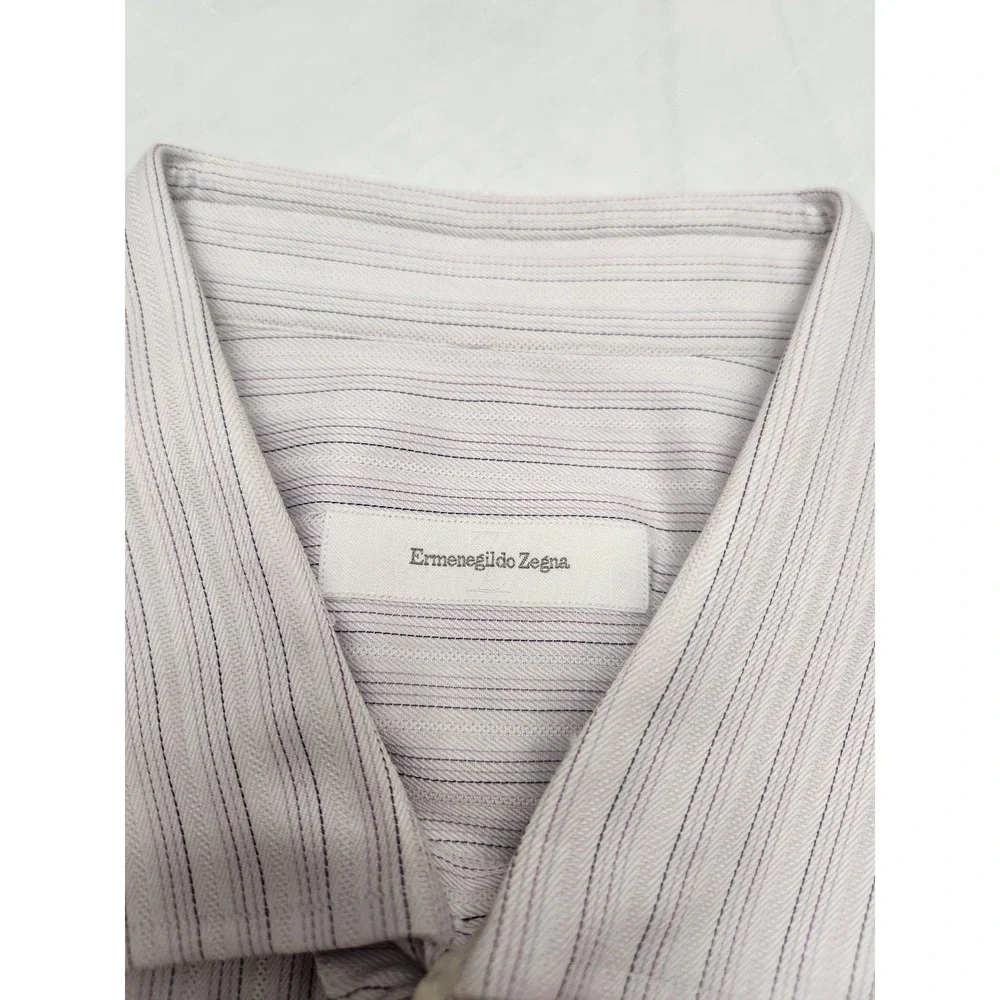 Ermenegildo Zegna Shirt Mens 17.5 44 Large Purple Stripe Long Sleeve Button Up